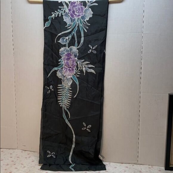 Handmade Batik Floral Scarf With Purple Teal Design - Picture 2 of 4